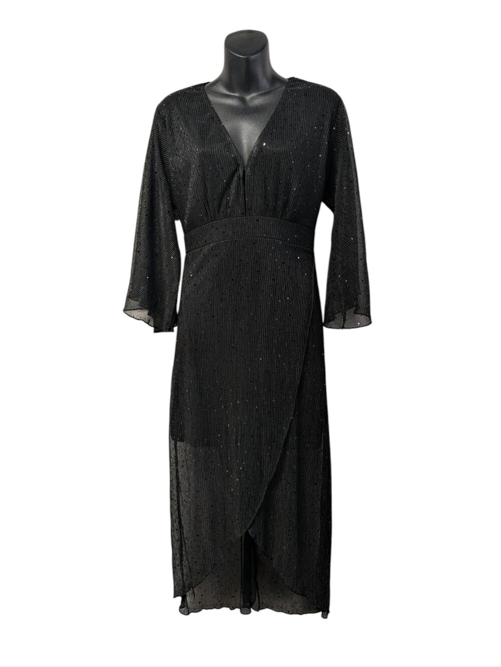 Ark n Co Black Sequin Shimmer V-Neck Midi Dress  S NWT Mesh Lined Flare Sleeves